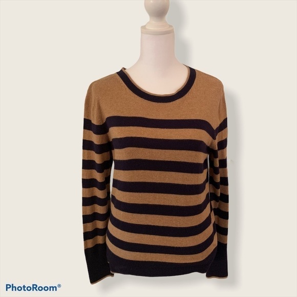a new day Scoop Neck Sweater Size Medium Tan/Navy Stripes - Picture 1 of 4